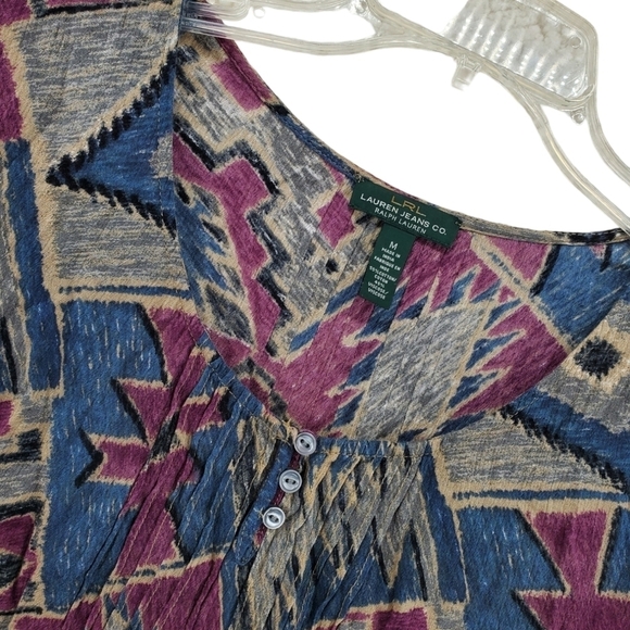 LRL Lauren Ralph Lauren Top Blouse Womens M Blue Purple Abstract 3/4 Sleeve - Picture 3 of 12
